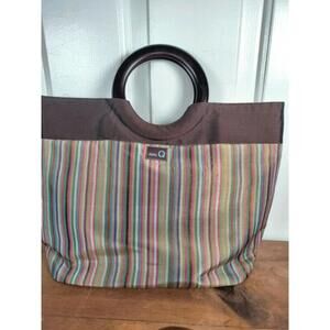 Circa 2010 Della Q Silk Striped Knitting Crochet Project Bag Tote Wooden Handles